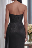Black Strapless Ruched Evening Dress with Streamer