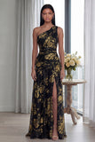Gold One Shoulder Ruched A Line Evening Dress