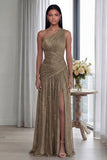 Gold One Shoulder Ruched A Line Evening Dress