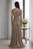 Gold One Shoulder Ruched A Line Evening Dress