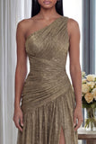 Gold One Shoulder Ruched A Line Evening Dress