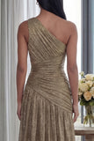 Gold One Shoulder Ruched A Line Evening Dress