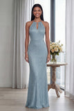 Halter Sky Blue Cut Out Mermaid Evening Dress
