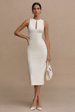 Sheath Keyhole White Satin Midi Dress with Slit