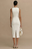 Sheath Keyhole White Satin Midi Dress with Slit