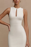 Sheath Keyhole White Satin Midi Dress with Slit