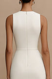 Sheath Keyhole White Satin Midi Dress with Slit