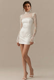 High Neck Lace Sheath Satin White Mini Dress with Long Sleeves