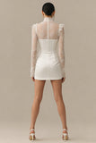 High Neck Lace Sheath Satin White Mini Dress with Long Sleeves