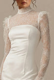 High Neck Lace Sheath Satin White Mini Dress with Long Sleeves