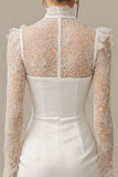 High Neck Lace Sheath Satin White Mini Dress with Long Sleeves