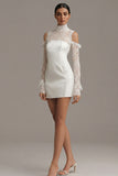 Lace Satin Sheath High Neck Long Sleeve White Registry Office Wedding Dress