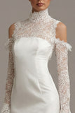 Lace Satin Sheath High Neck Long Sleeve White Registry Office Wedding Dress