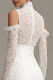 Lace Satin Sheath High Neck Long Sleeve White Registry Office Wedding Dress
