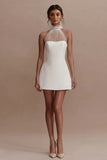 A Line High Neck Sleeveless White Mini Dress