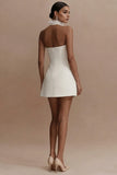 A Line High Neck Sleeveless White Mini Dress