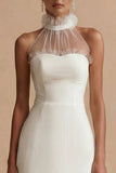 White Sheath High Neck Satin Sleeveless Midi Engagement Dress