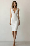 Sheath V Neck Satin White Work Dress