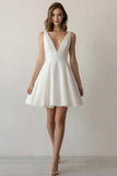 Simple V Neck A Line Satin Little White Dress