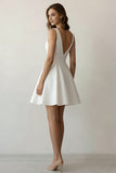 Simple V Neck A Line Satin Little White Dress