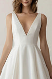 Simple V Neck A Line Satin Little White Dress