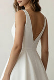Simple V Neck A Line Satin Little White Dress