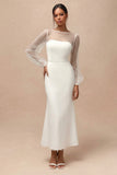 White Sheath Bateau Neck Long Sleeve Midi Engagement Dress