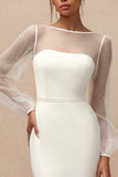White Sheath Bateau Neck Long Sleeve Midi Engagement Dress
