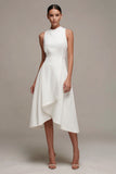 A Line Satin Asymmetrical White Midi Dress
