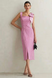 White Sheath Square Neck Midi Dress with Bow