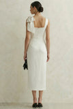 White Sheath Square Neck Midi Dress with Bow