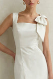 White Sheath Square Neck Midi Dress with Bow
