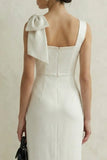 White Sheath Square Neck Midi Dress with Bow