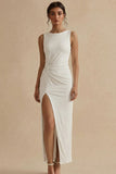 Sheath Ruched Bateau Neck White Engagement Dress with Slit