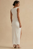 Sheath Ruched Bateau Neck White Engagement Dress with Slit