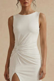 Sheath Ruched Bateau Neck White Engagement Dress with Slit