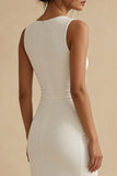 Sheath Ruched Bateau Neck White Engagement Dress with Slit