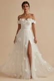 Off the Shoulder A Line Corset 3D Flowers Wedding Dress with Slit