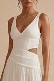 White A Line V Neck Cut Out Midi Engagement Dress
