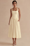 White A Line Corset Square Neck Midi Engagement Dress