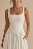 White A Line Corset Square Neck Midi Engagement Dress