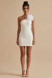 One Shoulder Bodycon White Mini Dress with 3D Flowers