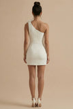 One Shoulder Bodycon White Mini Dress with 3D Flowers