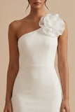 One Shoulder Bodycon White Mini Dress with 3D Flowers