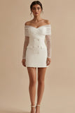 Off the Shoulder Bodycon White Registry Office Wedding Dress with Long Sleeves