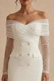 Off the Shoulder Bodycon White Registry Office Wedding Dress with Long Sleeves