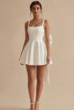 White A Line Square Neck Mini Dress with Bow