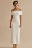 Off the Shoulder Sheath White Midi Engagement Dress