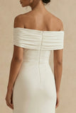 Off the Shoulder Sheath White Midi Engagement Dress