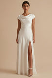 White Sheath Cowl Neck Long Engagement Dress with Slit